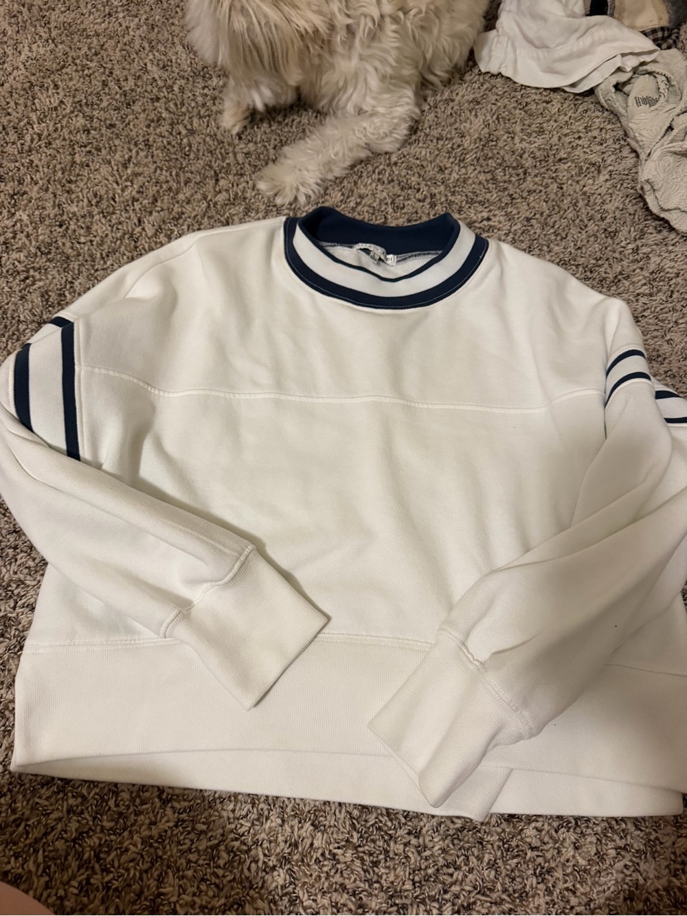 Women’s White Crewneck Sweatshirt with Navy Stripe Detail
